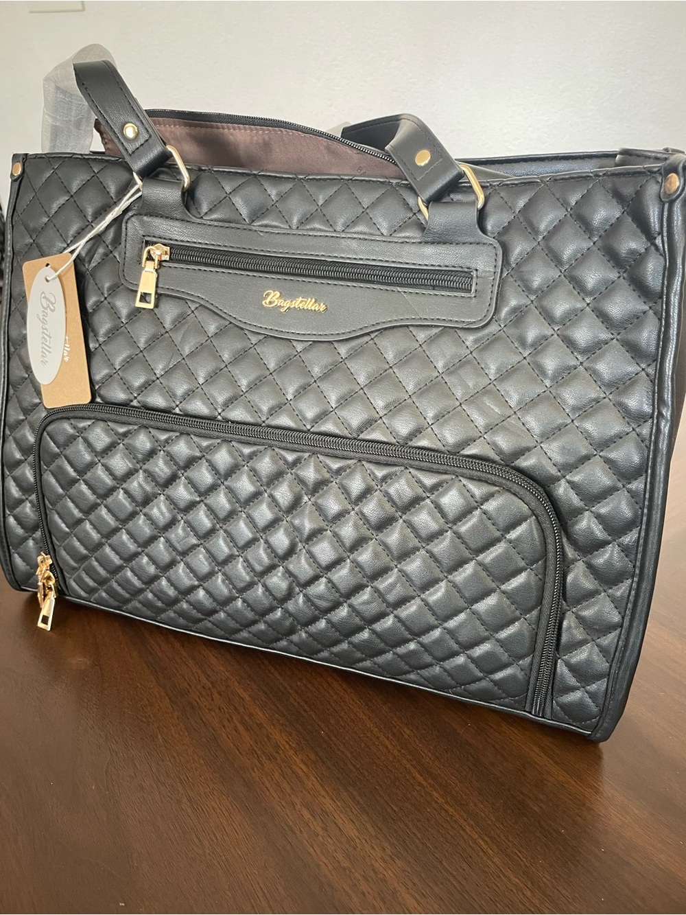 bagatelle Black Quilted Laptop Tote with Gold Hardware